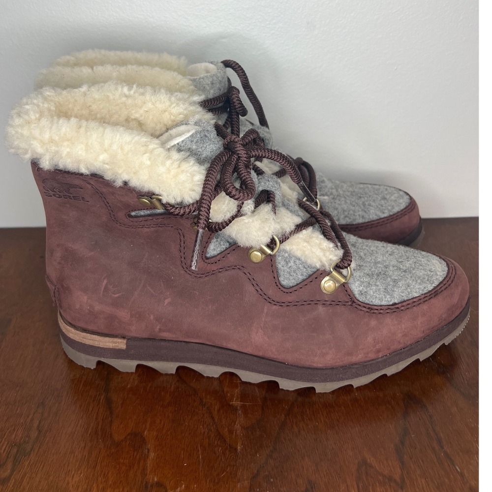 SOREL Sneakchic Alpine Suede Wool Lace Up Fur Lined Ankle Boot Burgundy Womens 8